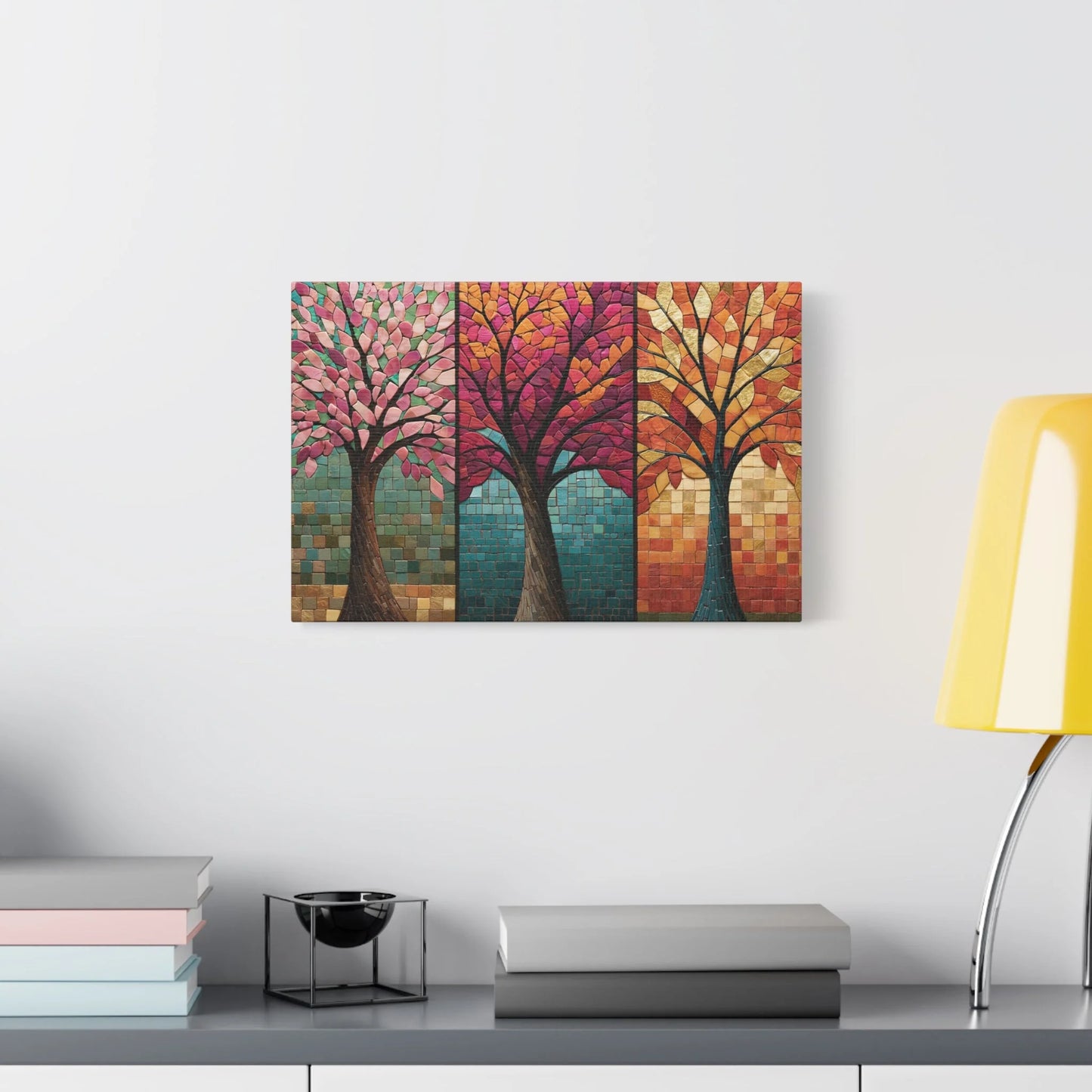 Tableau en Mosaïque Triptyque Arbre des Saisons - Cycle Vivant - décor salon contemporain bois