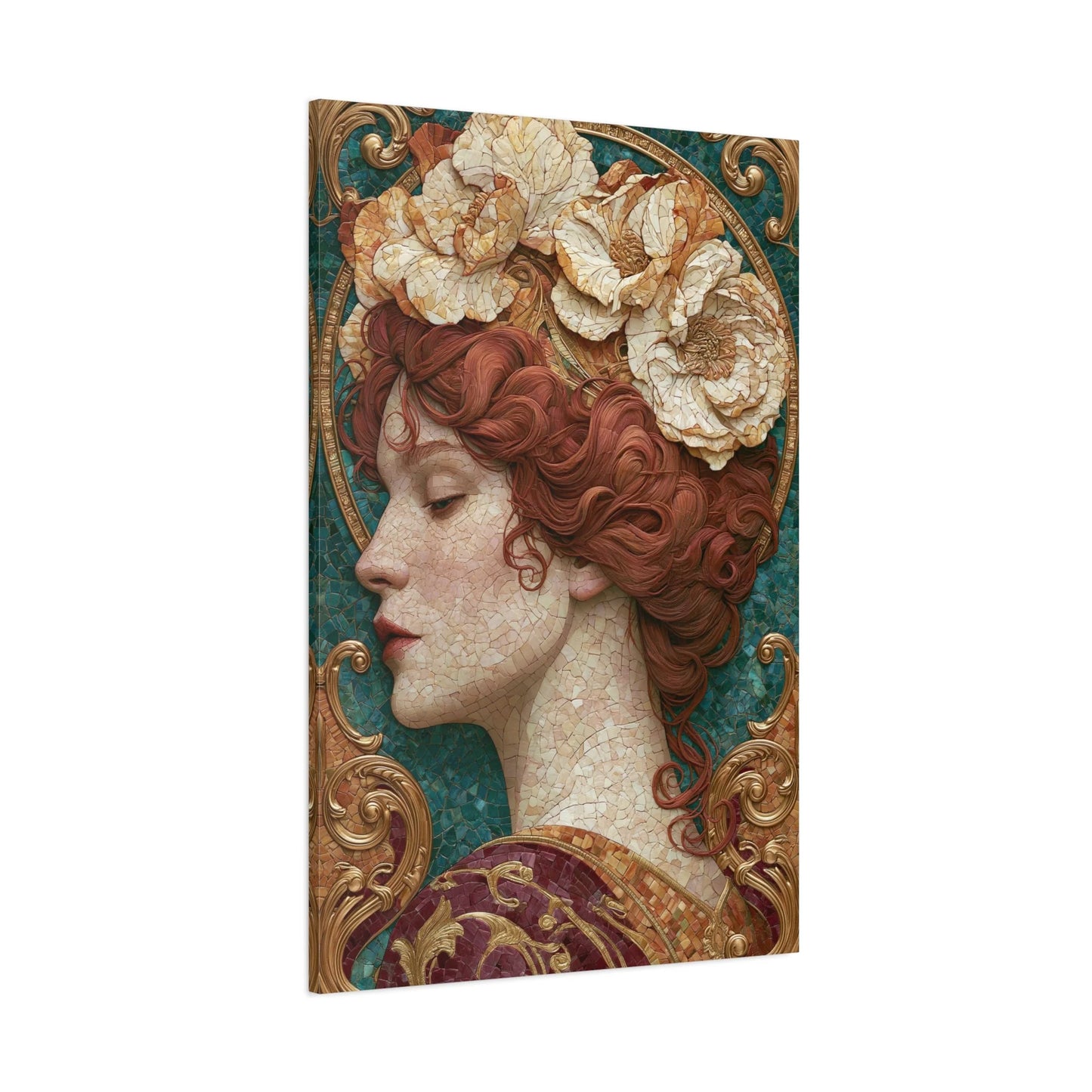 Tableau en Mosaïque Art Nouveau Femme Fleurie - Couronne Mucha - décor monumental espace ouvert