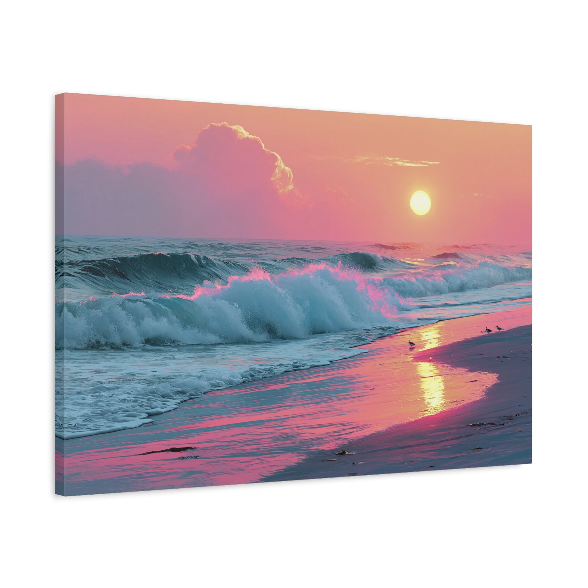 Plage au coucher de soleil pastel avec vague ecume rose et reflet dore - Art Virtuoso - vue 12/20