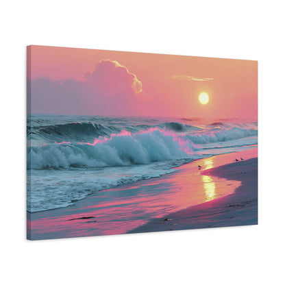 Plage au coucher de soleil pastel avec vague ecume rose et reflet dore - Art Virtuoso - vue 12/20