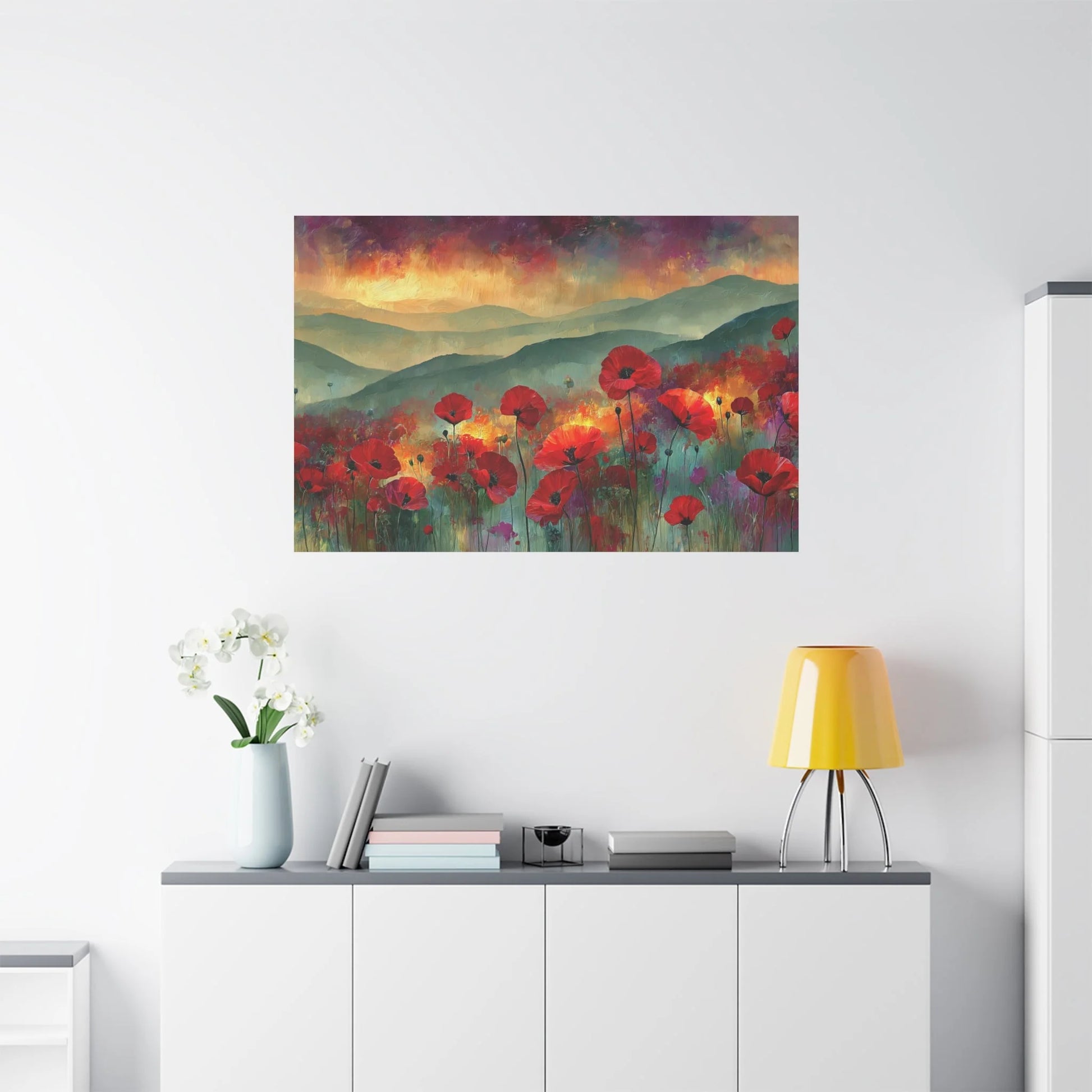 Tableau Champ de Coquelicots - Embrasement du Crépuscule - vue mur grande hauteur