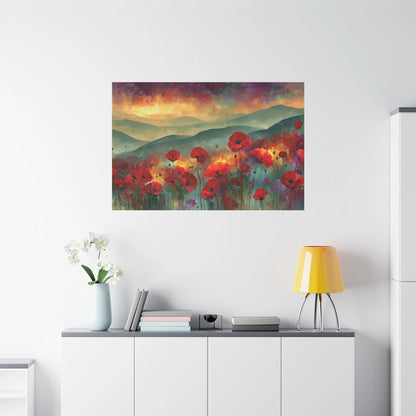 Tableau Champ de Coquelicots - Embrasement du Crépuscule - vue mur grande hauteur