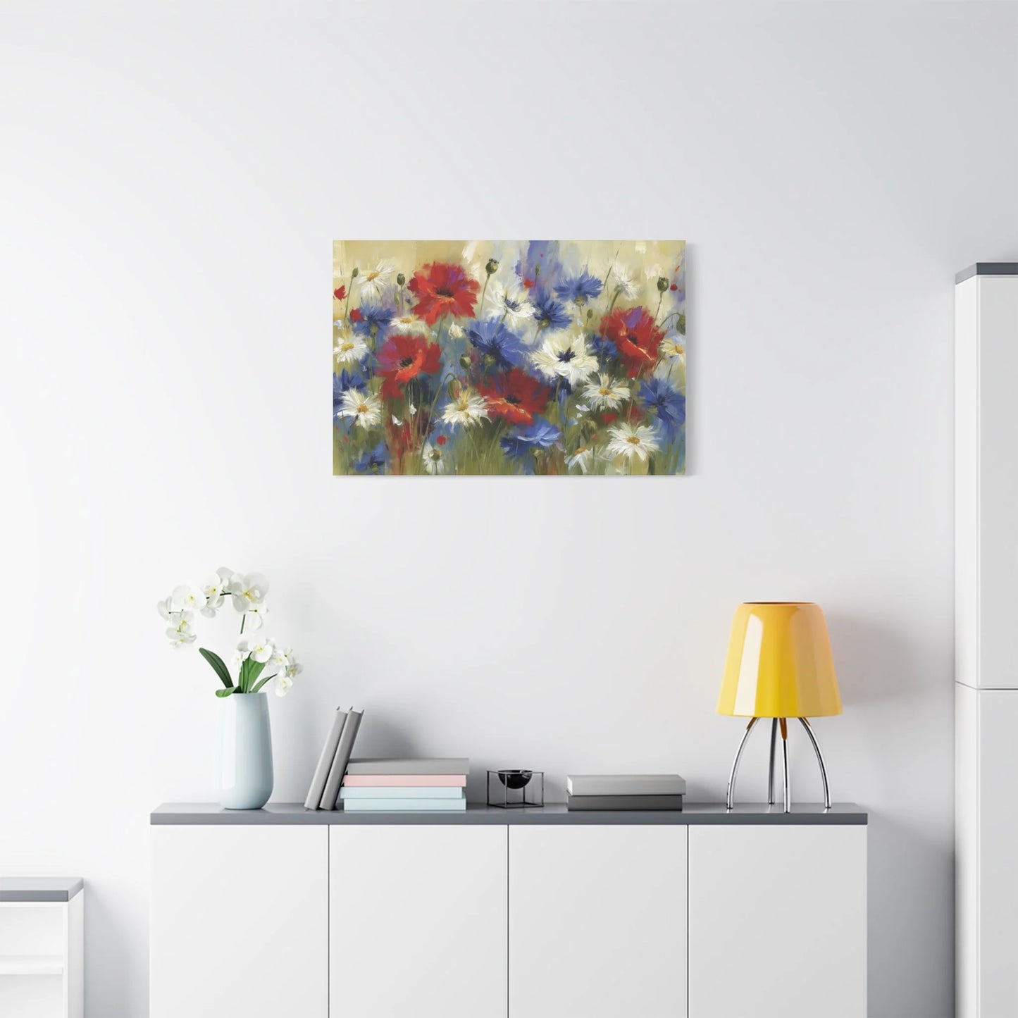 Tableau Champ Tricolore - Coquelicots, Bleuets et Marguerites - ambiance loft haut de plafond