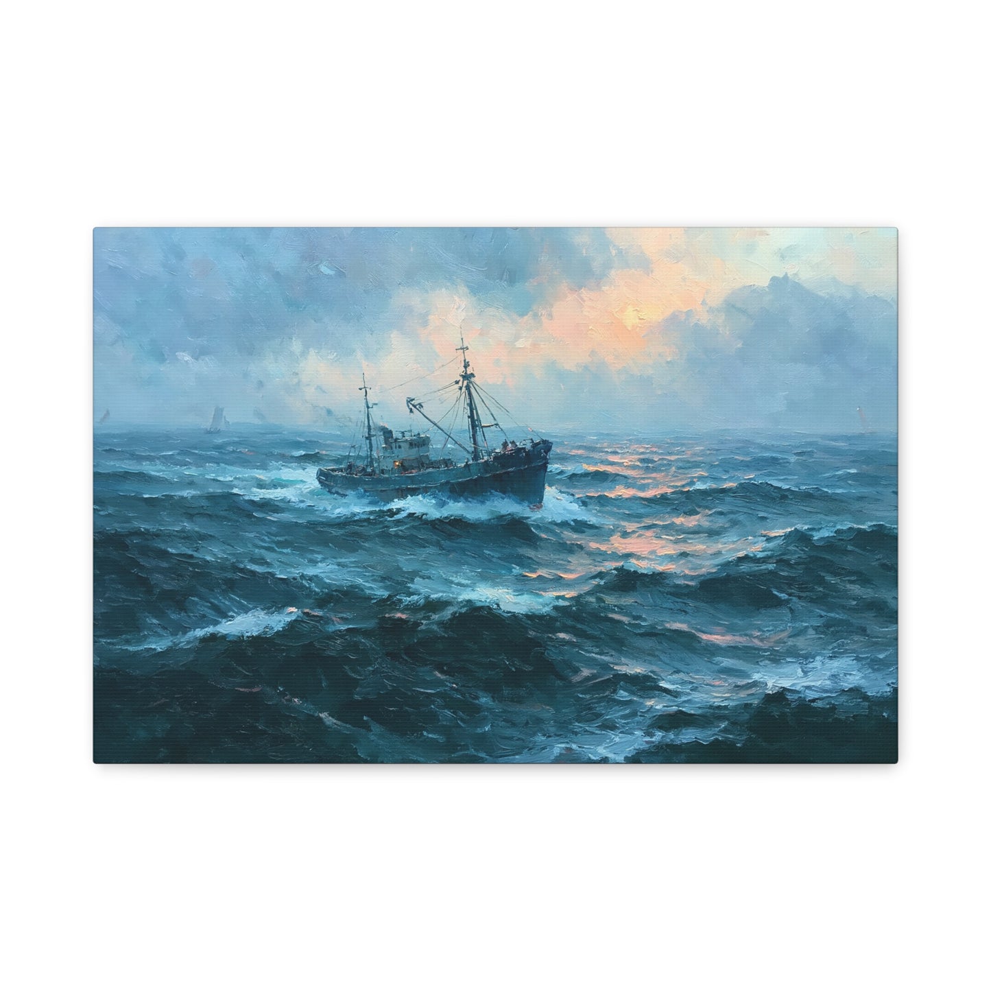 Chalutier sombre avançant dans la houle bleu vert sous un ciel lumineux - Art Virtuoso - vue 1/20