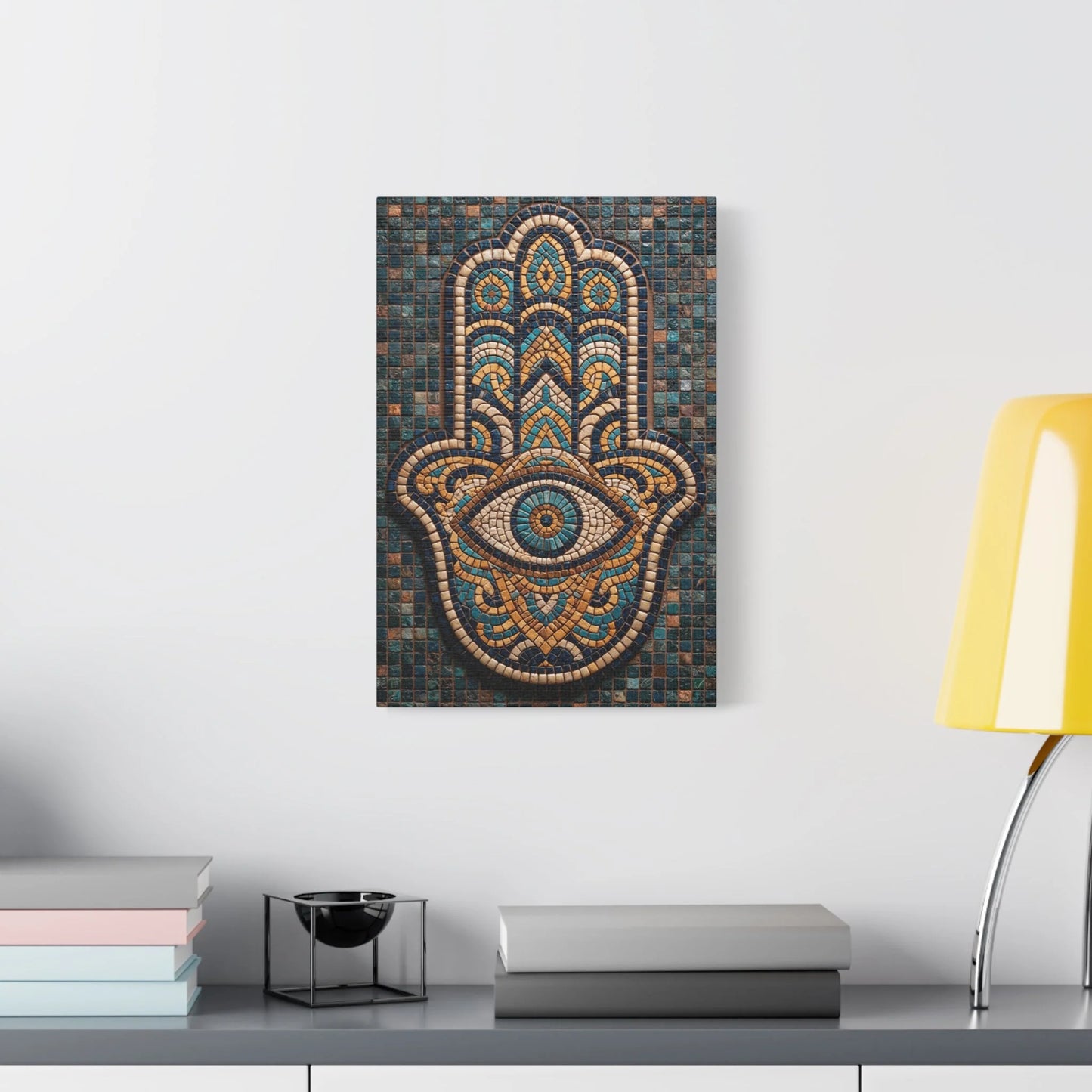 Tableau en Mosaïque Main de Fatima - Khamsa Protectrice - décor salon contemporain bois
