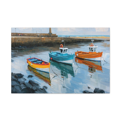 Port breton avec trois barques colorees et reflets dans l eau calme - Art Virtuoso - vue 3/20
