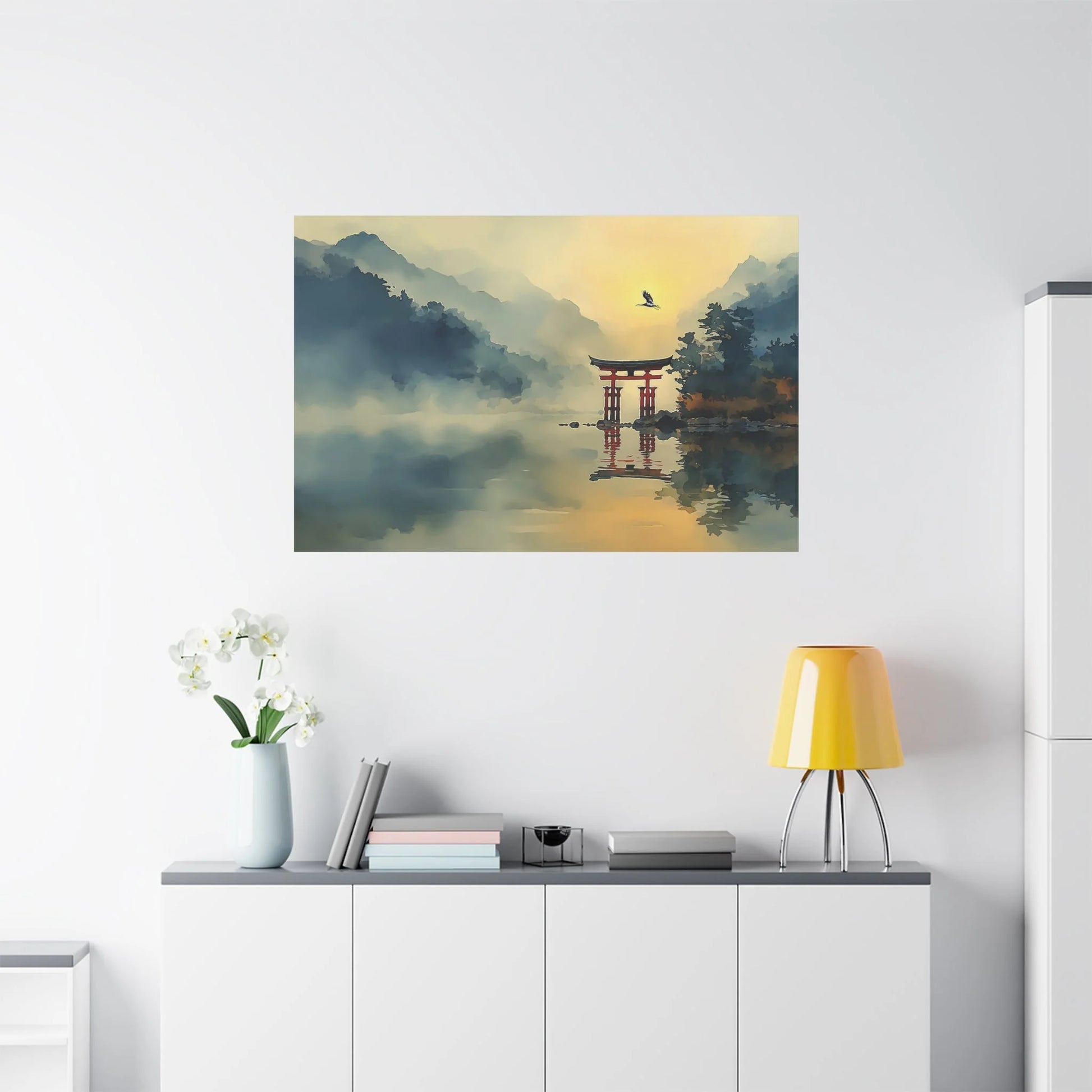 Tableau Torii rouge zen dans un salon contemporain