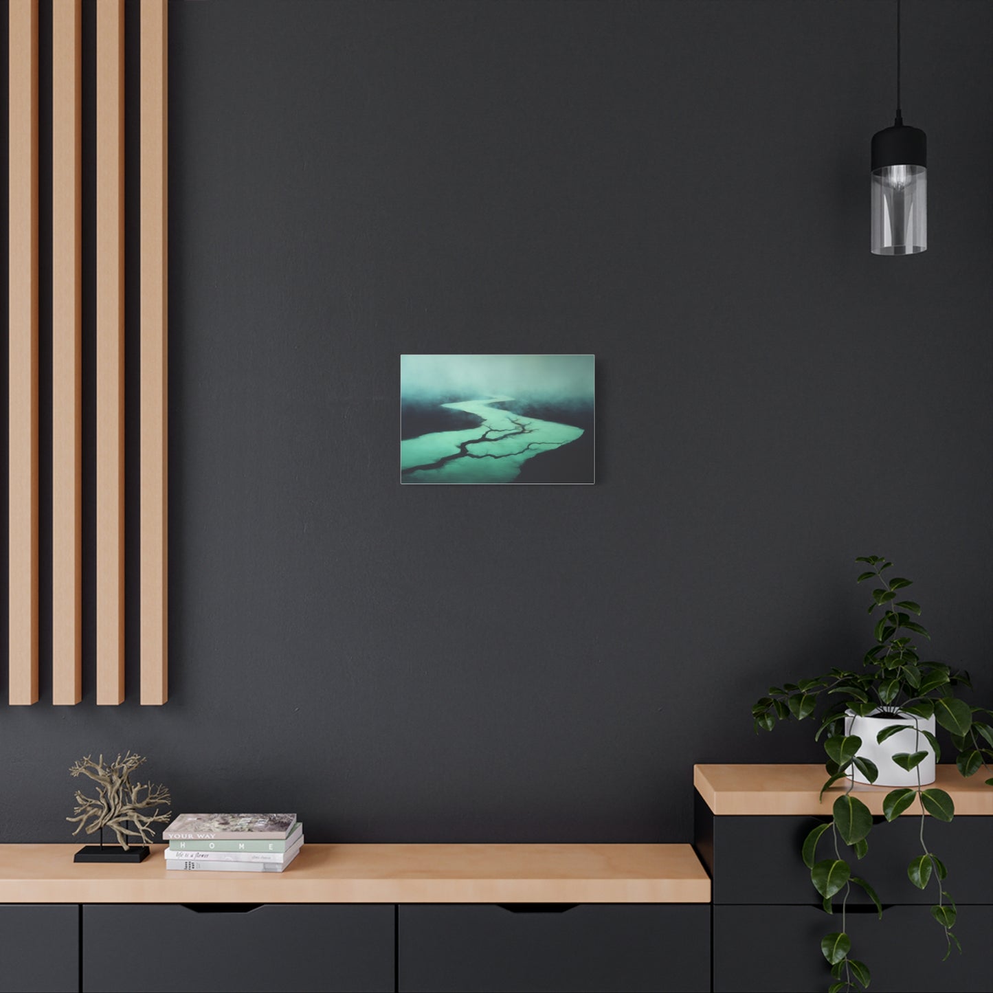 Tableau Rivière vert sauge dans une bibliothèque