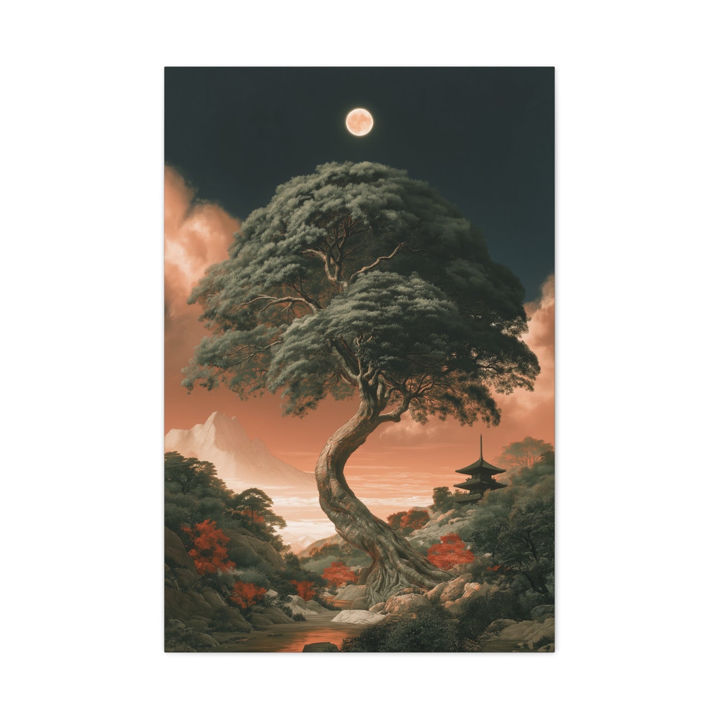 Tableau Jianmu Arbre Cosmique Chinois, un arbre tortueux reliant une montagne brumeuse à un ciel lunaire, format XL - Art Virtuoso