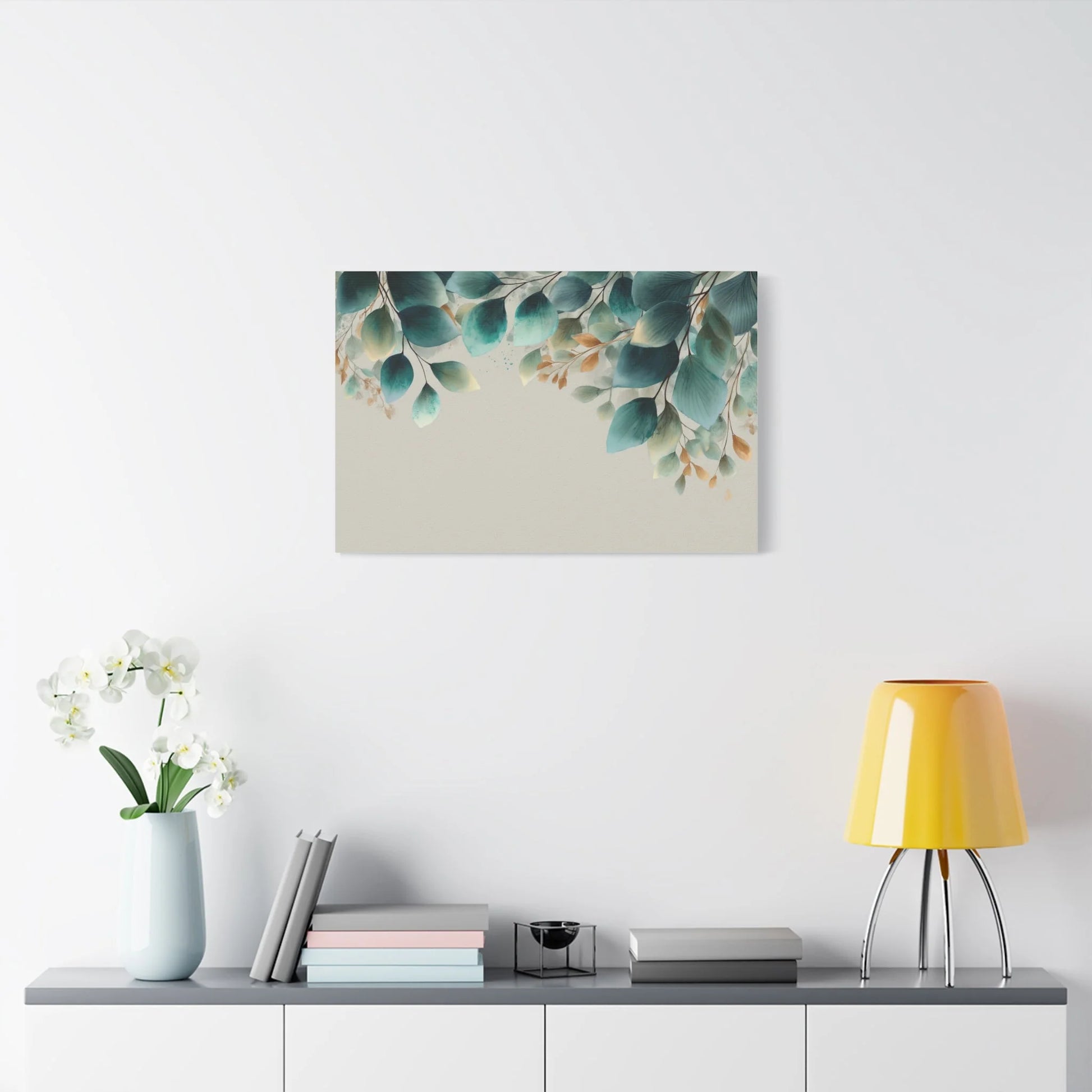 Tableau Aquarelle vert sauge format horizontal au-dessus d'une tête de lit