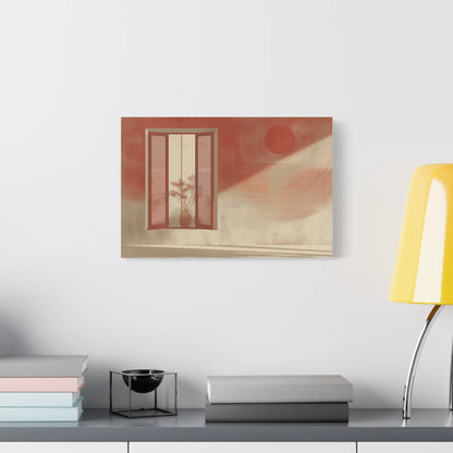 Tableau contemporain fenêtre terracotta dans un salon aux tons sable