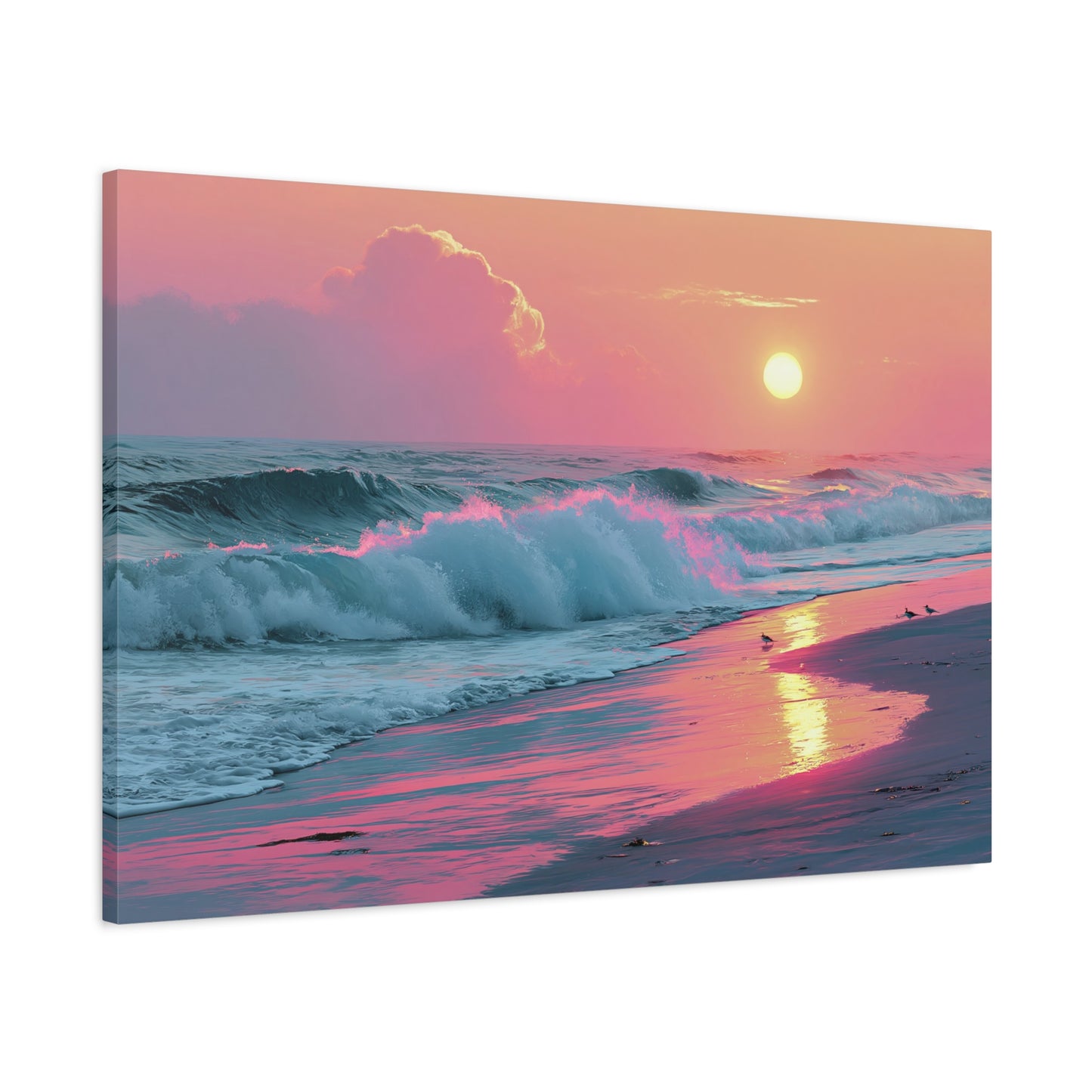 Plage au coucher de soleil pastel avec vague ecume rose et reflet dore - Art Virtuoso - vue 15/20