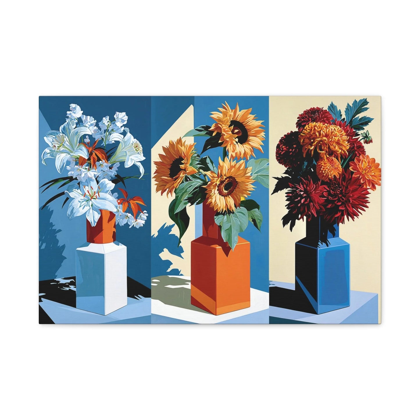 Tableau Nature Morte Triptyque Bouquet Saisons - Fleurs du Temps - vue mur blanc minimaliste
