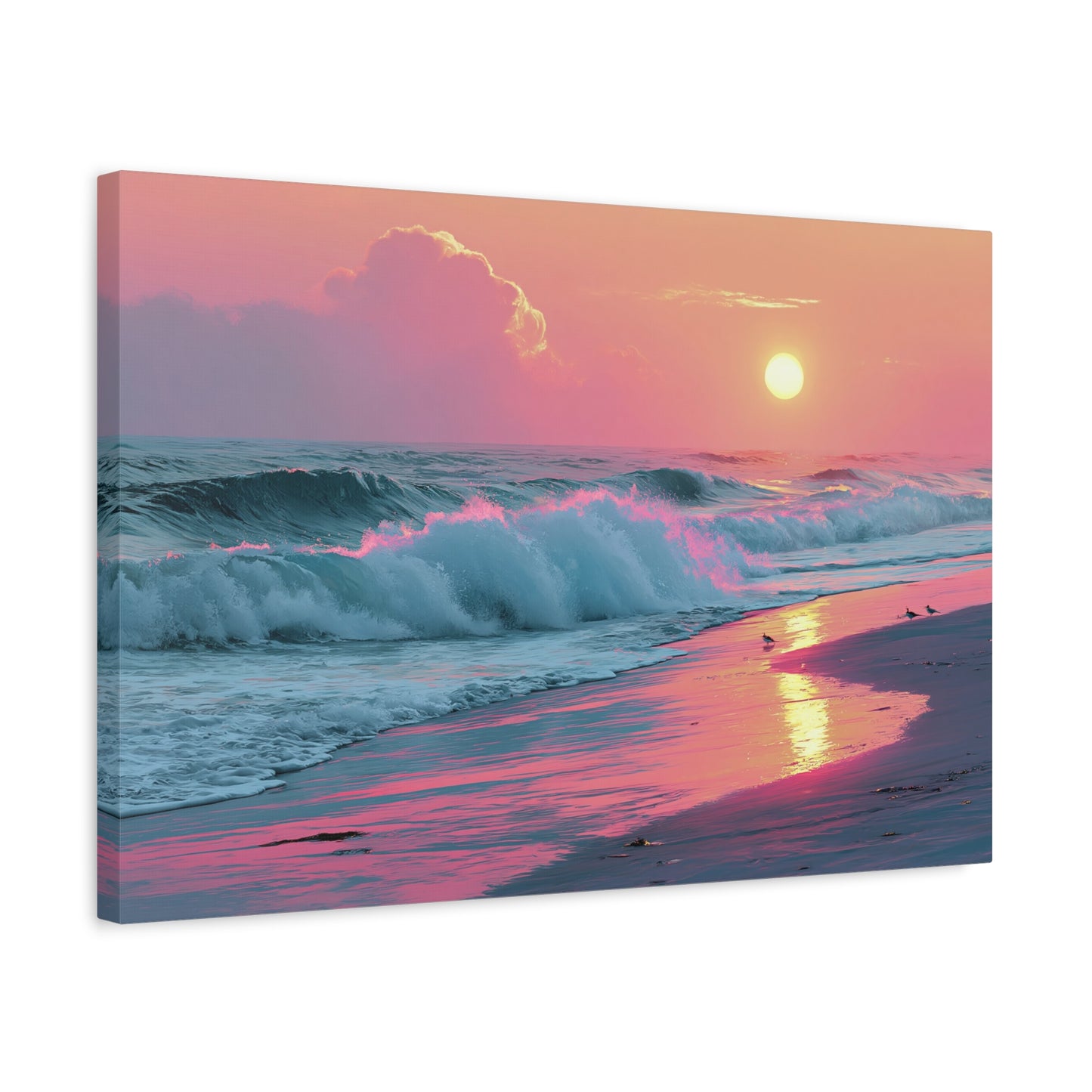 Plage au coucher de soleil pastel avec vague ecume rose et reflet dore - Art Virtuoso - vue 9/20