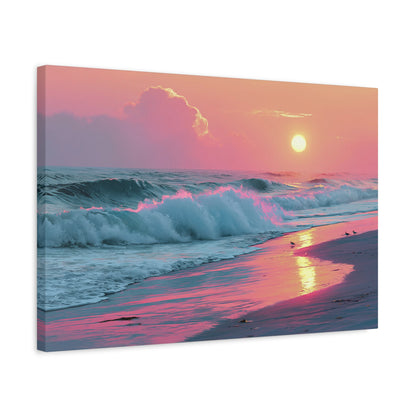 Plage au coucher de soleil pastel avec vague ecume rose et reflet dore - Art Virtuoso - vue 9/20