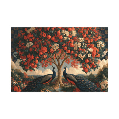 Tableau Kalpavriksha Arbre de Vie, un arbre d’abondance entouré de paons et couvert de fleurs rouges, format XXL - Art Virtuoso