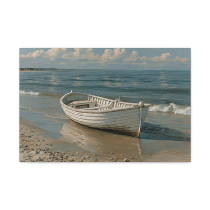 Barque blanche en bois posee sur une plage de sable mouille devant une mer calme - Art Virtuoso - vue 2/20