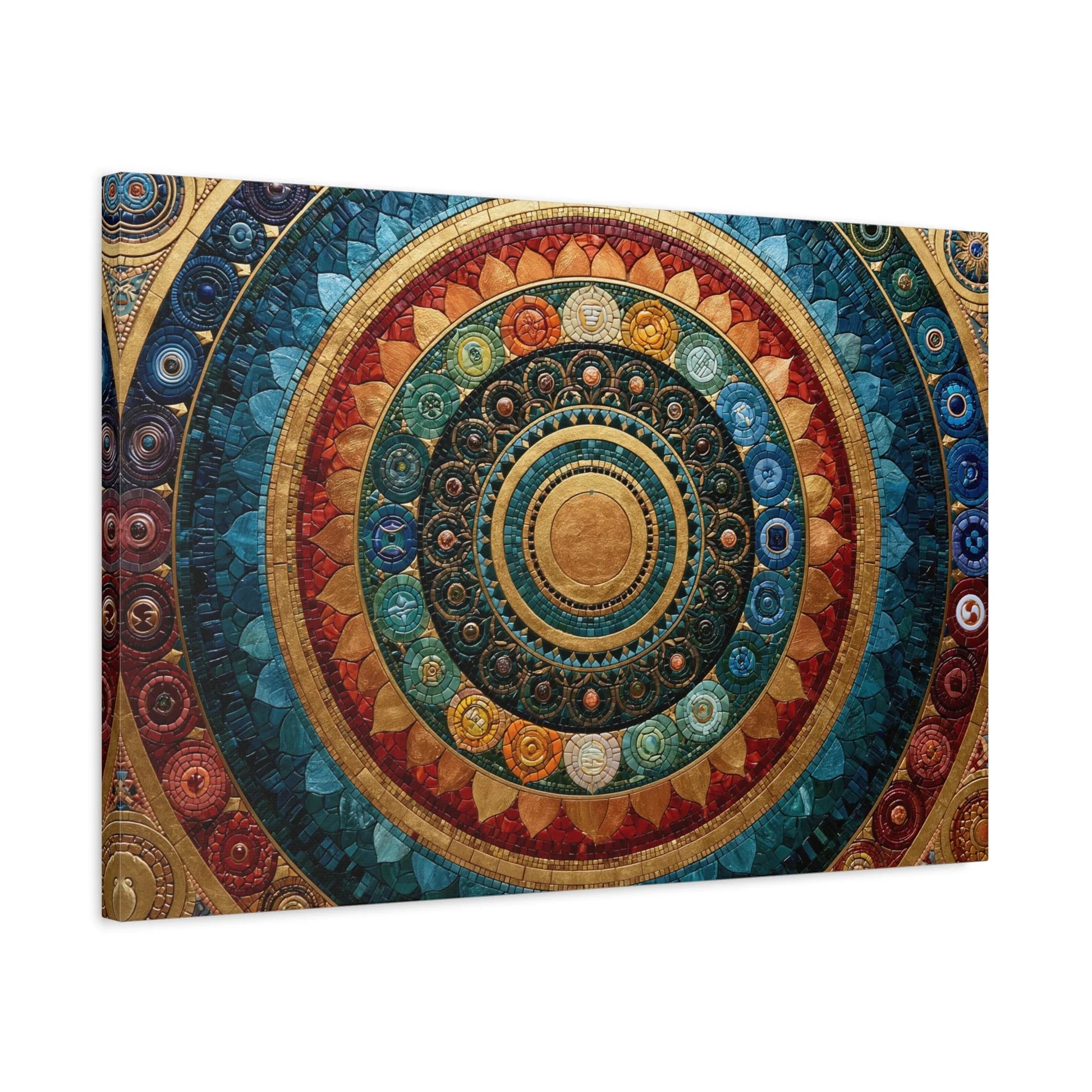 Tableau en Mosaïque Mandala Chakras - Roue Intérieure - mise en scène mur pierre apparente