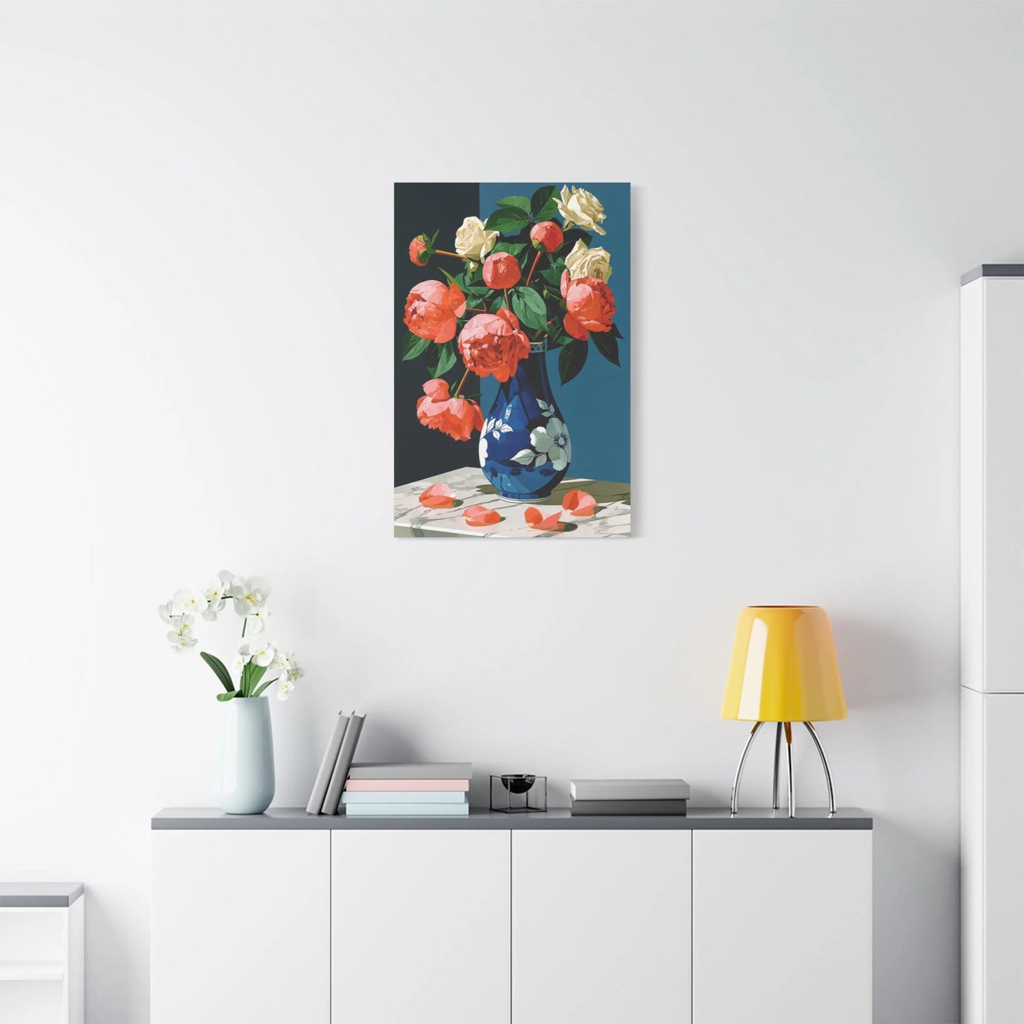 Tableau Nature Morte Pivoines Roses Romantiques - Bouquet Tendre - ambiance loft haut de plafond