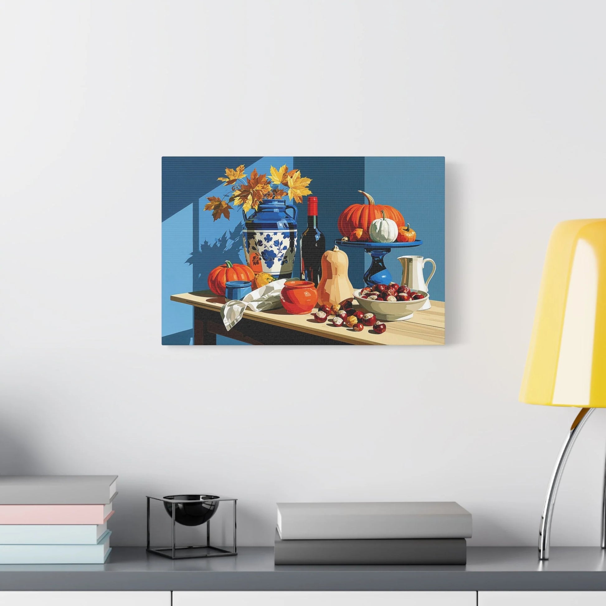 Tableau Nature Morte Automne Courges Châtaignes - Récolte Ambrée - décor salon contemporain bois