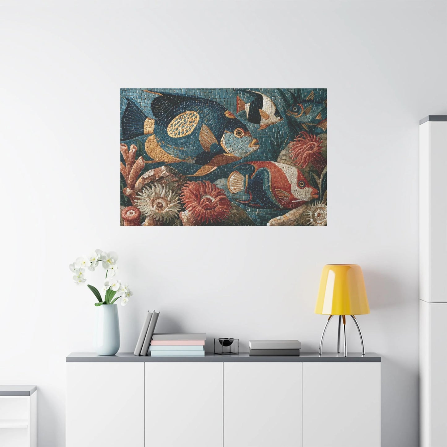 Tableau en Mosaïque Poisson Corail - Lagune de Tesselles - vue mur grande hauteur