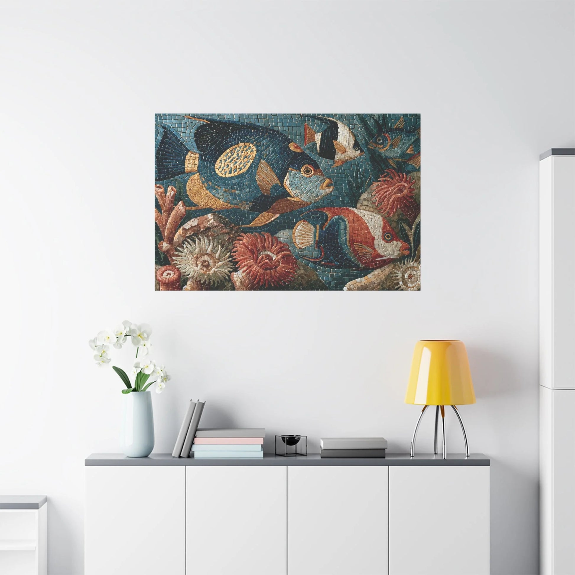 Tableau en Mosaïque Poisson Corail - Lagune de Tesselles - vue mur grande hauteur