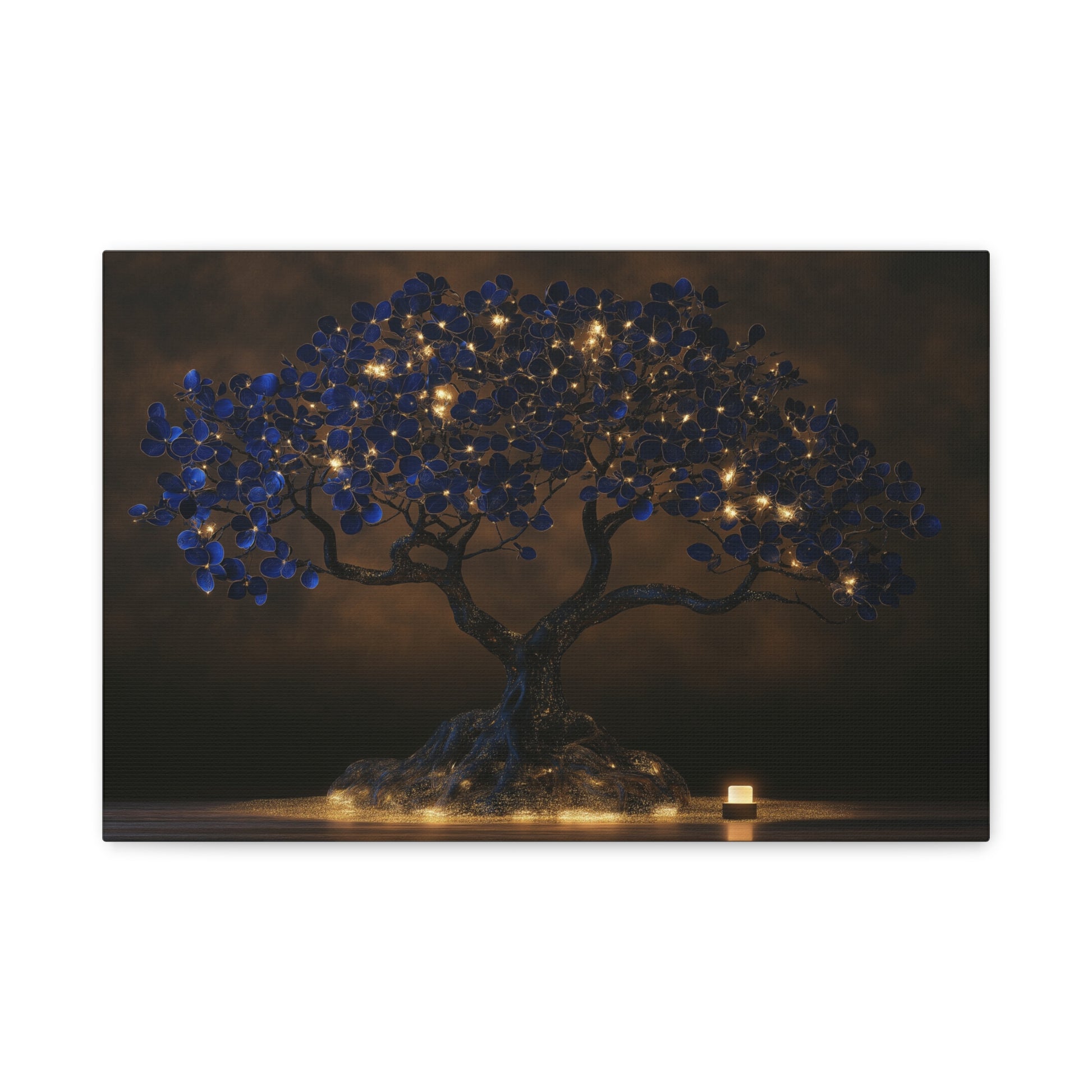 Grand Tableau Arbre de Vie, un arbre monumental aux feuillages bleu nuit ponctués de lumières dorées, format S - Art Virtuoso