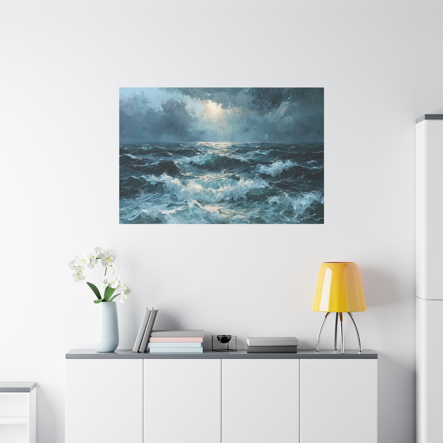 Mer houleuse sombre sous un ciel orageux avec petit voilier a l horizon - Art Virtuoso - vue 19/20