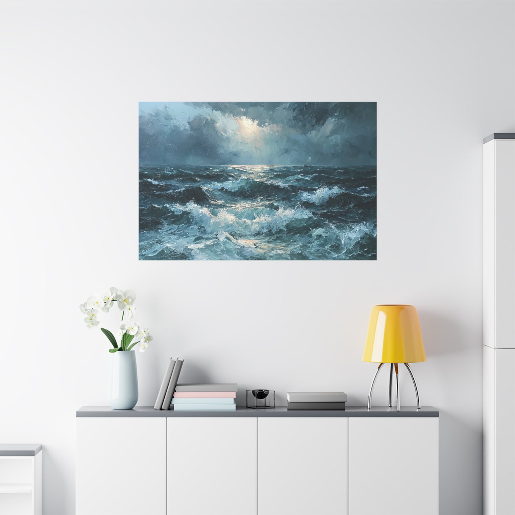 Mer houleuse sombre sous un ciel orageux avec petit voilier a l horizon - Art Virtuoso - vue 19/20