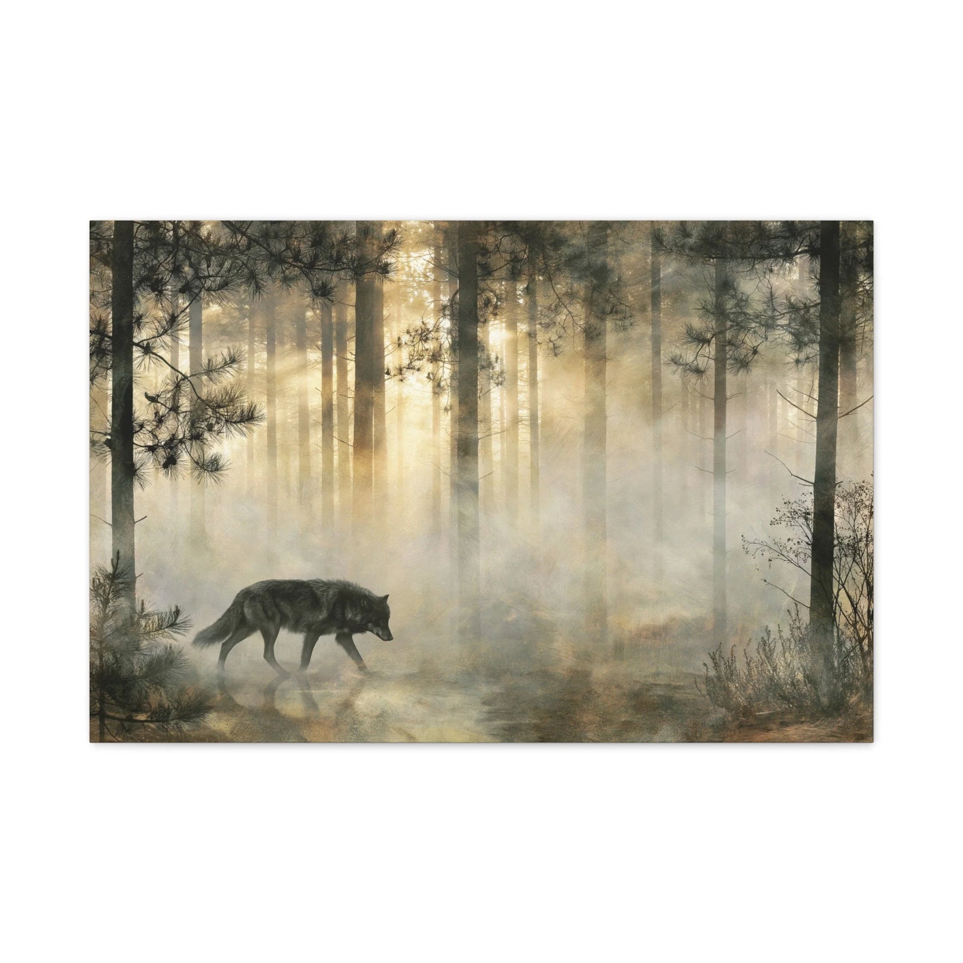 Tableau Loup en Forêt - Voile de Brume à l'Aube - intégration salon scandinave