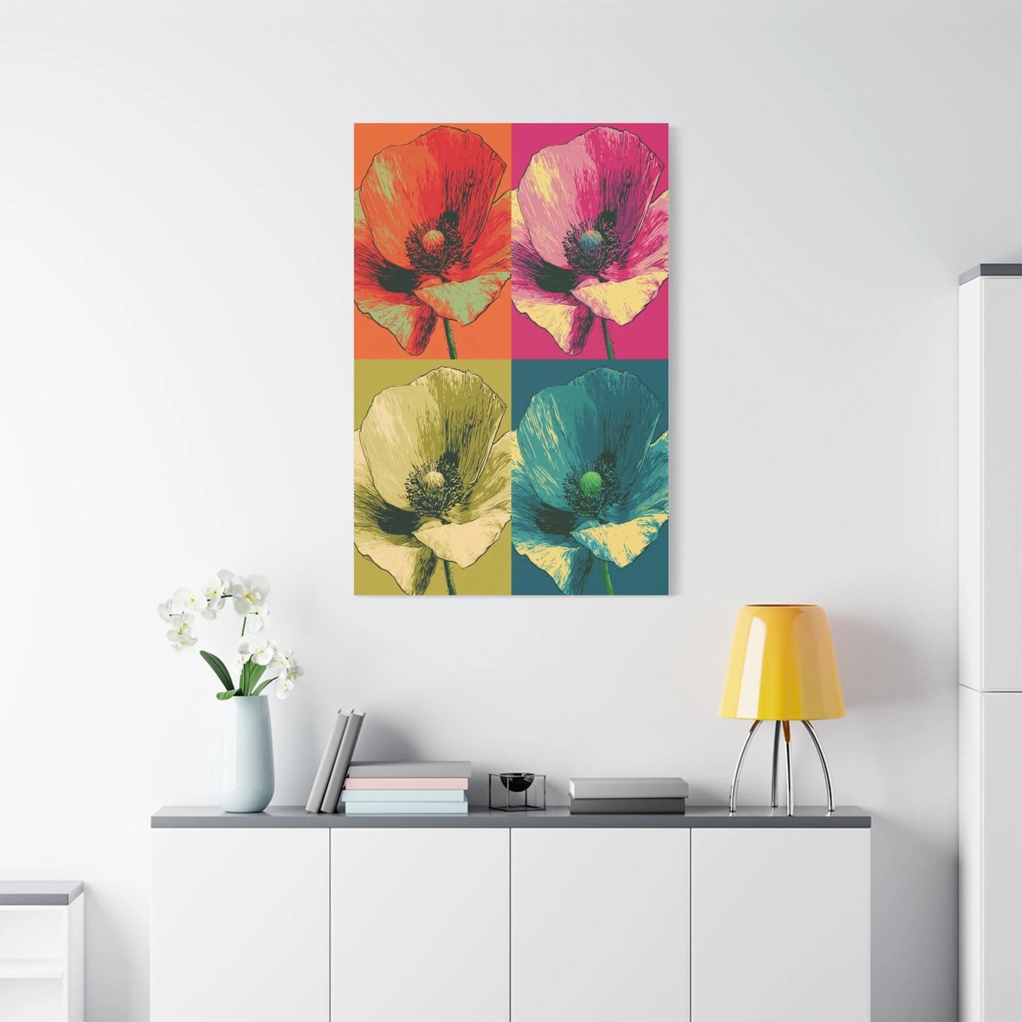 Tableau Coquelicots Pop Art - Quadriptyque Warhol - vue mur grande hauteur