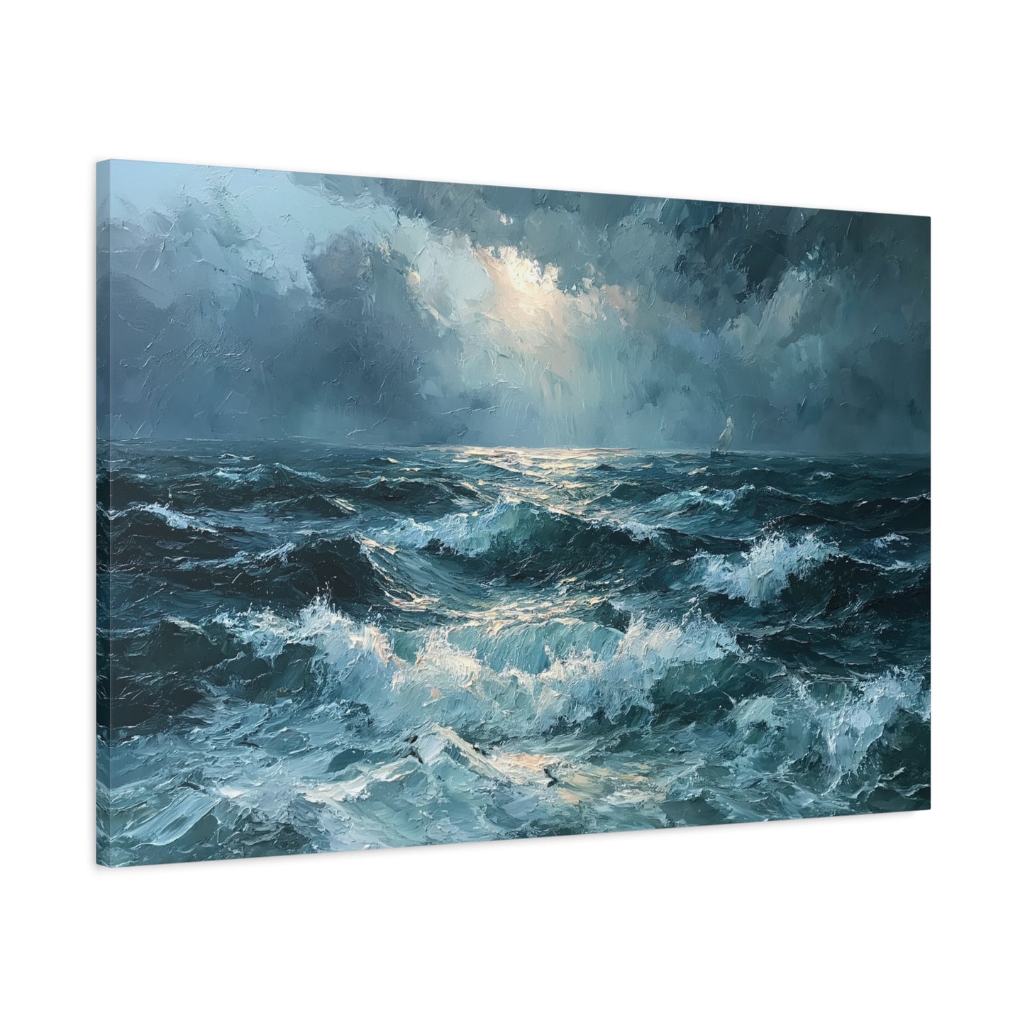 Mer houleuse sombre sous un ciel orageux avec petit voilier a l horizon - Art Virtuoso - vue 15/20