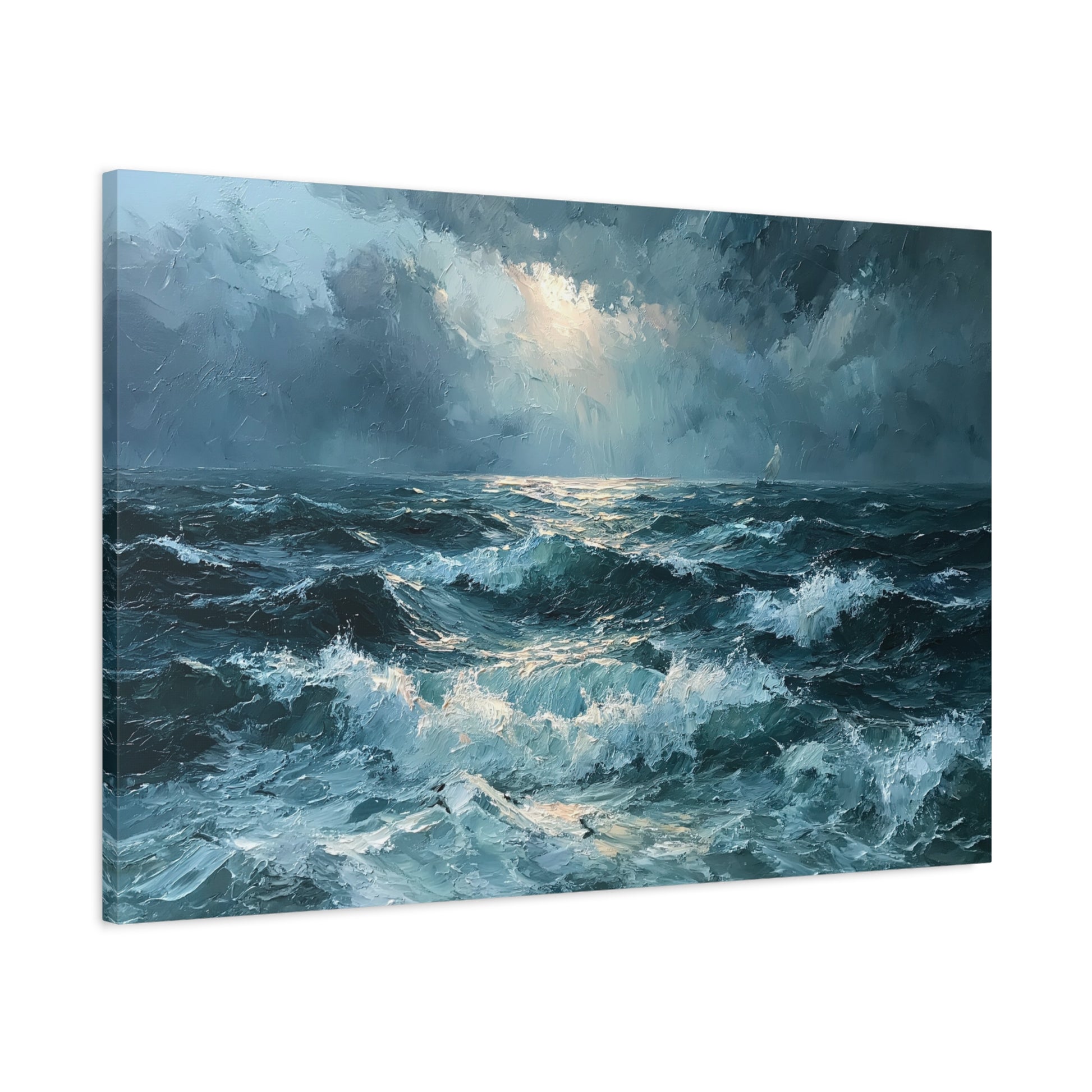 Mer houleuse sombre sous un ciel orageux avec petit voilier a l horizon - Art Virtuoso - vue 15/20