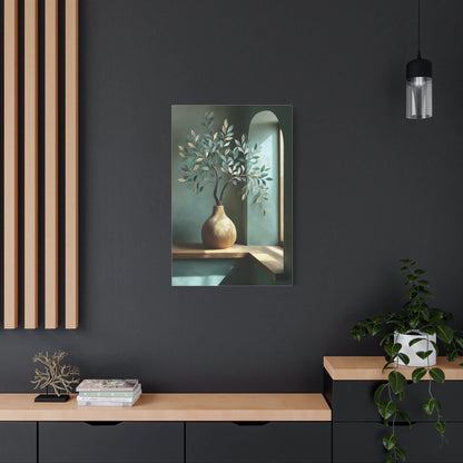 Tableau Vase bois vert sauge atmosphère lumière oblique
