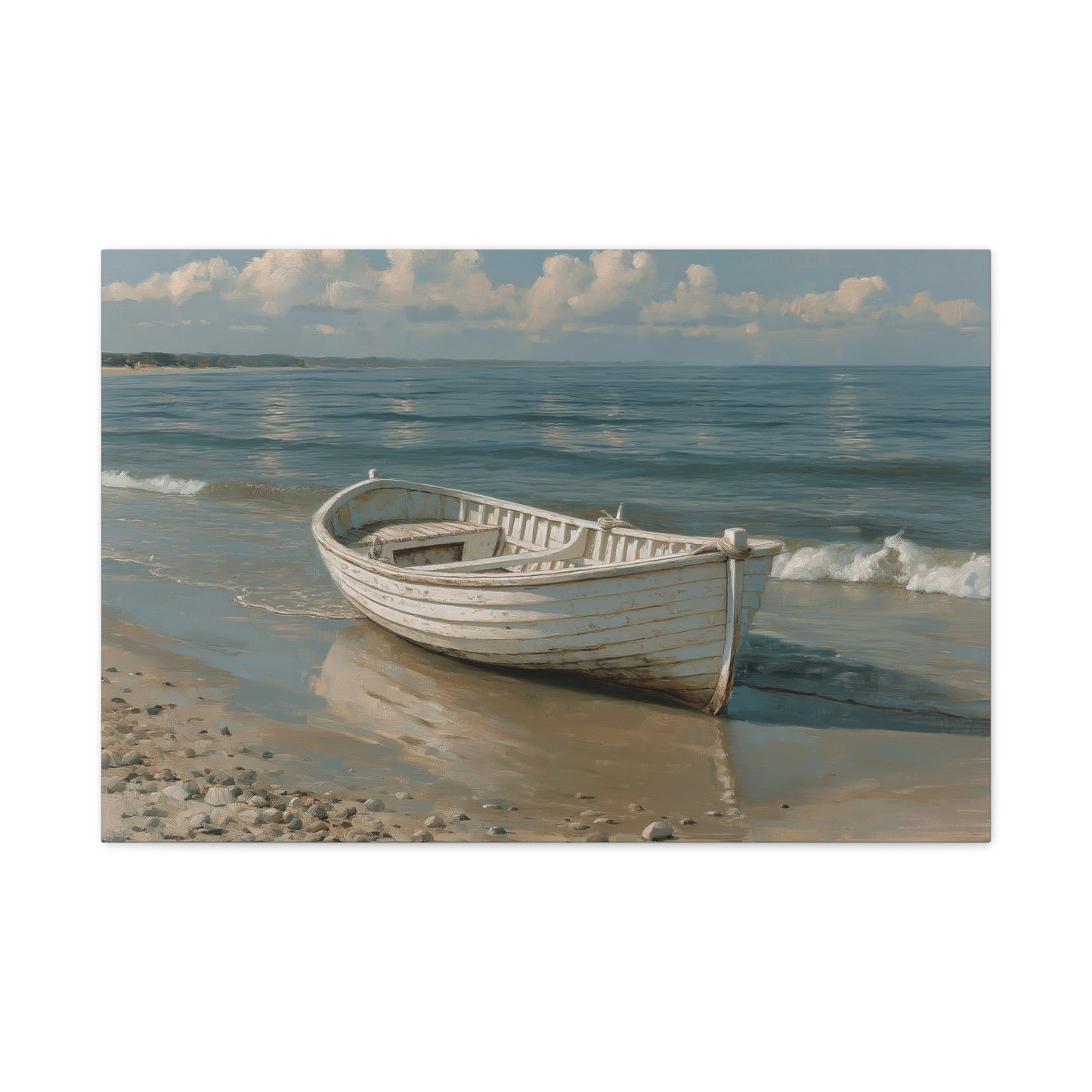 Barque blanche en bois posee sur une plage de sable mouille devant une mer calme - Art Virtuoso - vue 3/20