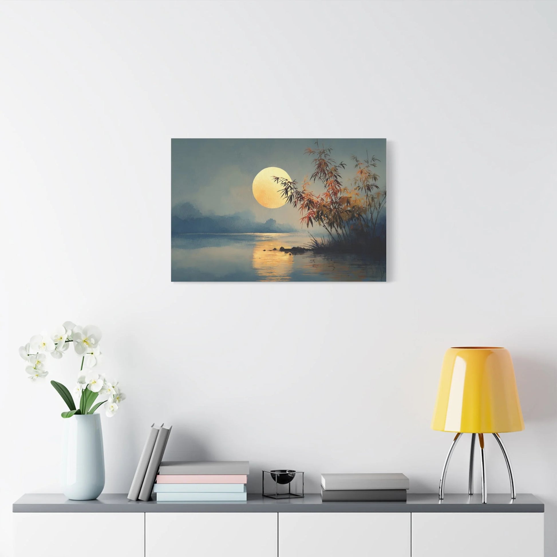Tableau Lune lac zen format horizontal grand pan de mur