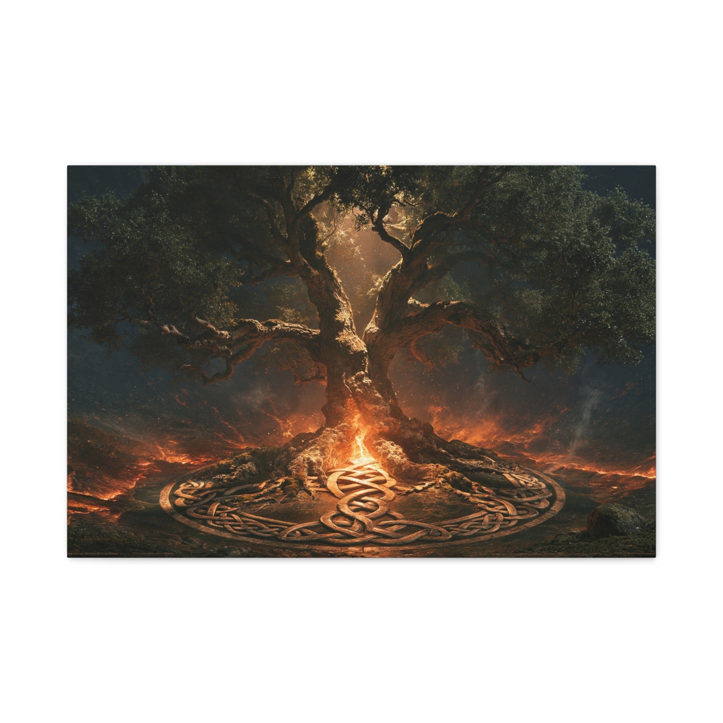Tableau Arbre de Vie Celtique, un chêne ancien entouré d’un cercle de motifs noués et d’une lueur de braise, format L - Art Virtuoso