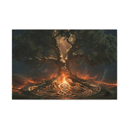 Tableau Arbre de Vie Celtique, un chêne ancien entouré d’un cercle de motifs noués et d’une lueur de braise, format L - Art Virtuoso