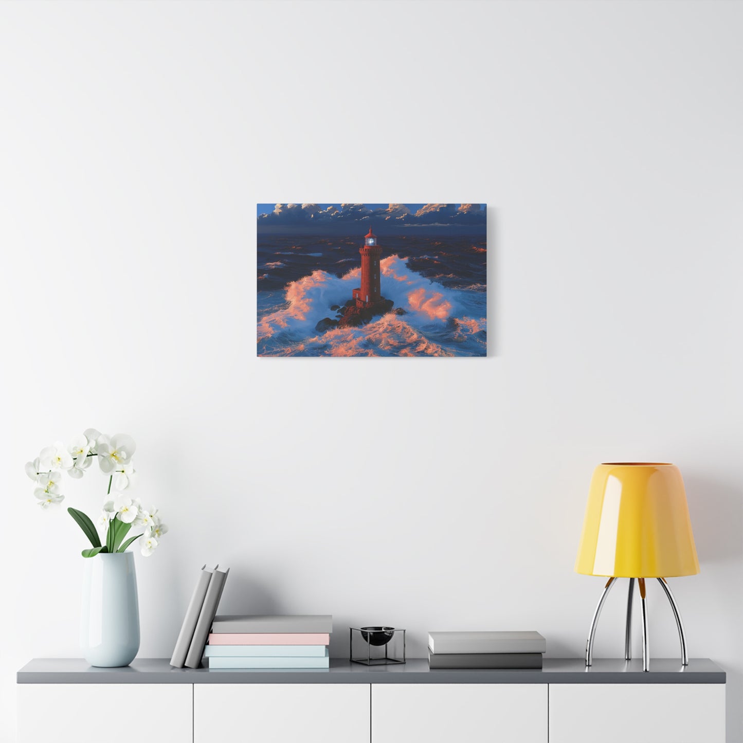 Phare rouge breton dans une tempete avec vagues puissantes et faisceau bleu - Art Virtuoso - vue 10/20