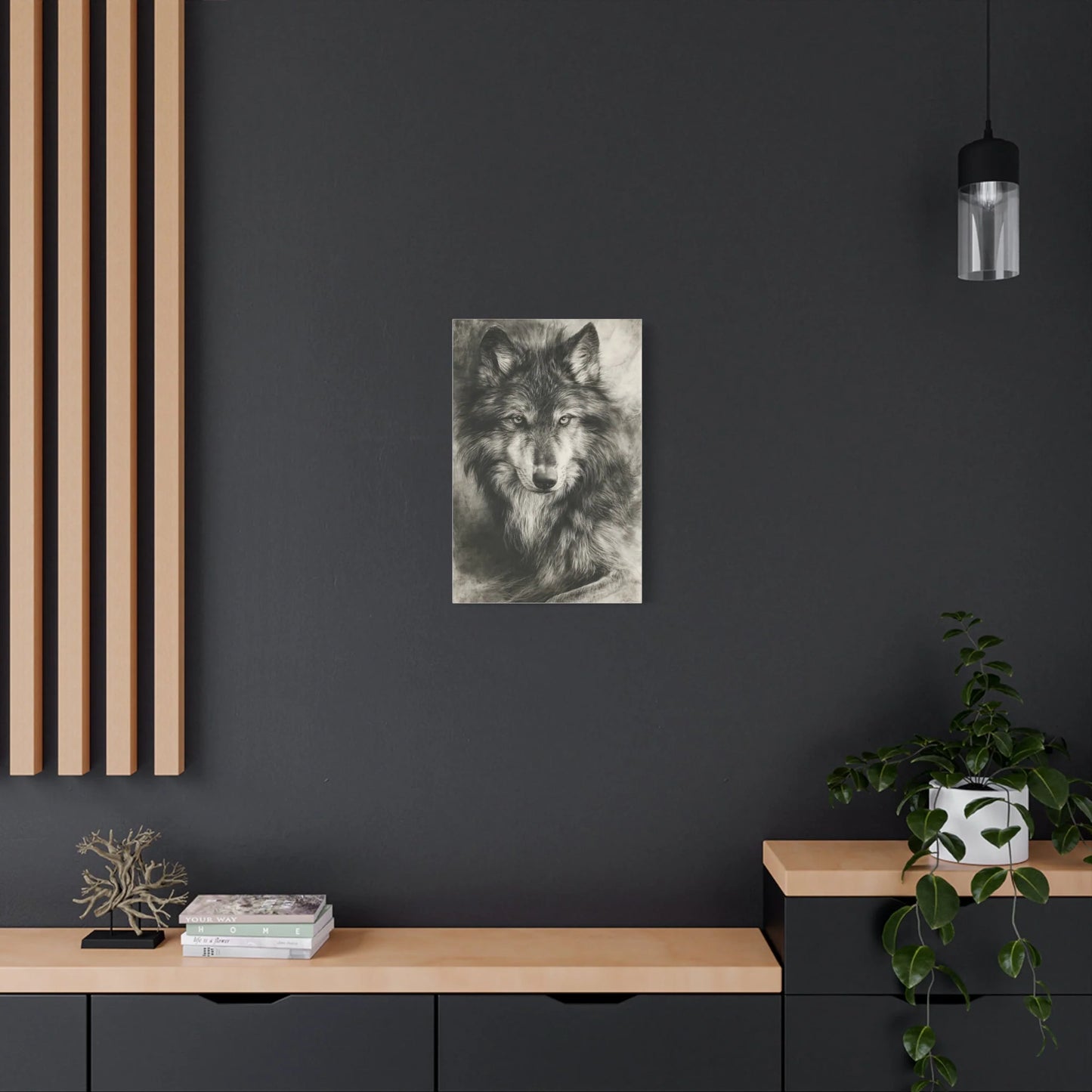 Tableau Loup Portrait - Fusain Noir et Blanc - décor pièce à vivre lumineuse