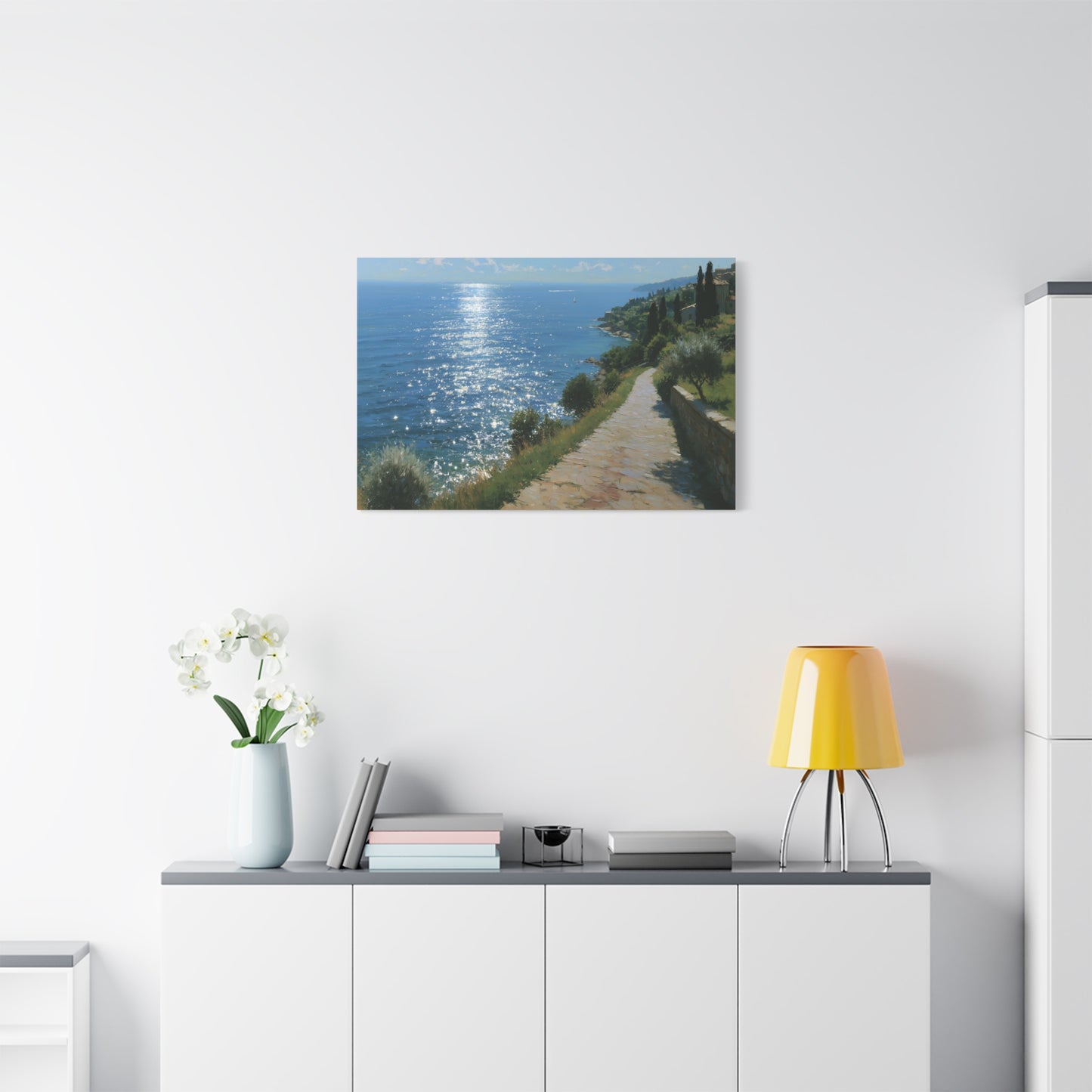 Promenade mediterraneenne avec cypres et soleil brillant sur la mer - Art Virtuoso - vue 16/20