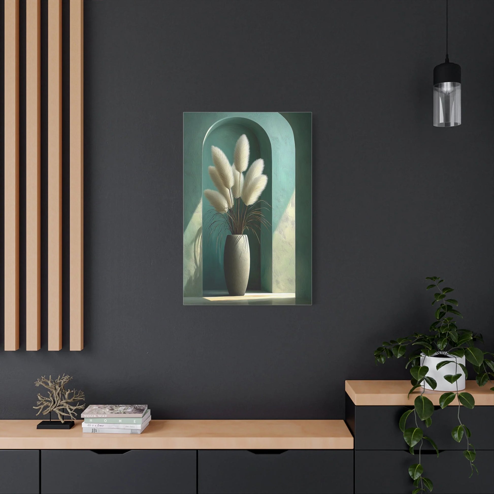 Tableau Bouquet pampas vert sauge atmosphère théâtrale
