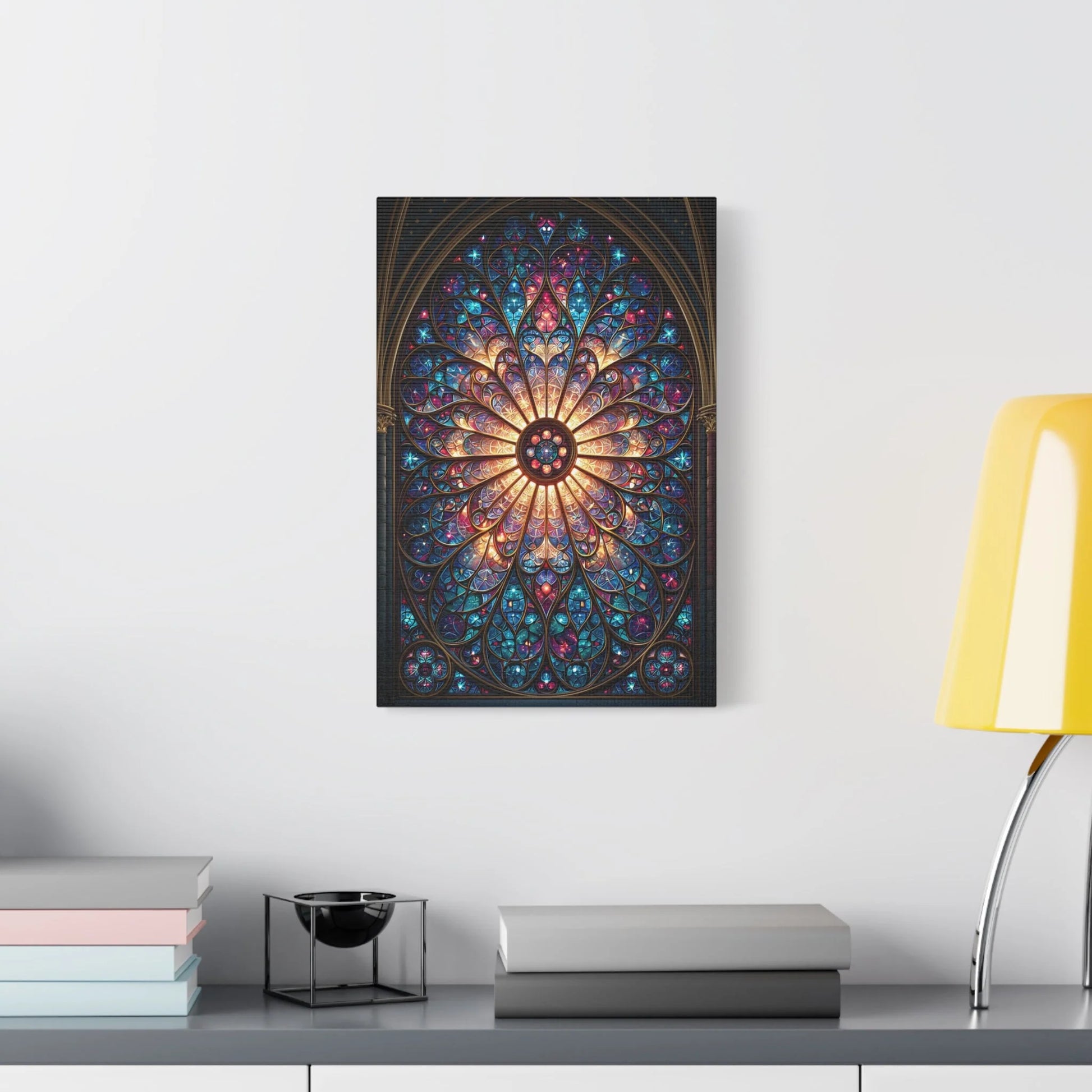 Tableau en Mosaïque Vitrail Gothique Rosace - Lumière Sacrée - décor salon contemporain bois