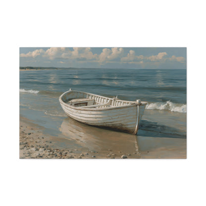 Barque blanche en bois posee sur une plage de sable mouille devant une mer calme - Art Virtuoso - vue 4/20