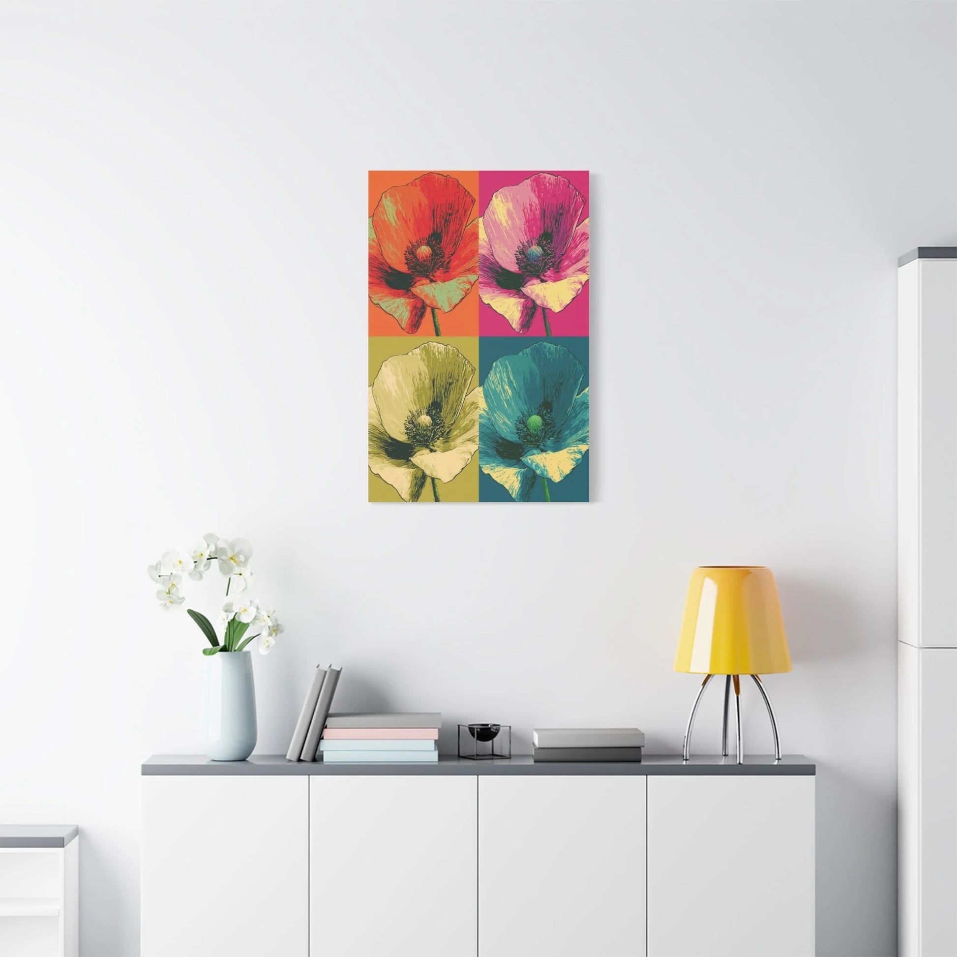 Tableau Coquelicots Pop Art - Quadriptyque Warhol - ambiance loft haut de plafond