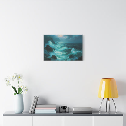 Mer agitee turquoise avec rochers noirs ecume blanche et ciel de tempete - Art Virtuoso - vue 10/20