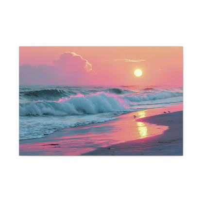 Plage au coucher de soleil pastel avec vague ecume rose et reflet dore - Art Virtuoso - vue 4/20