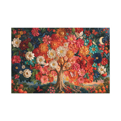Tableau Arbre de Vie Mexicain, un arbre blanc entièrement entouré de fleurs multicolores, format XXL - Art Virtuoso