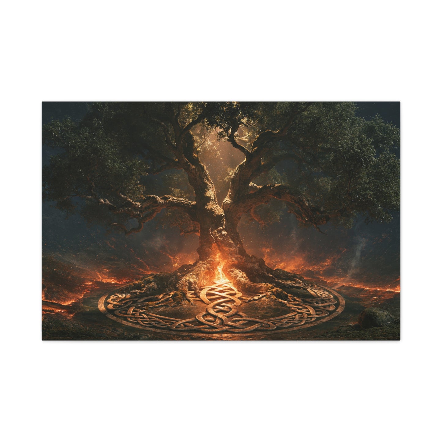 Tableau Arbre de Vie Celtique, un chêne ancien entouré d’un cercle de motifs noués et d’une lueur de braise, format XL - Art Virtuoso
