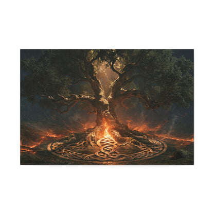 Tableau Arbre de Vie Celtique, un chêne ancien entouré d’un cercle de motifs noués et d’une lueur de braise, format XL - Art Virtuoso